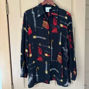 PIANO | Black Silk Vintage 90s Fashionista Silk Button Up Glam Blouse | Size M